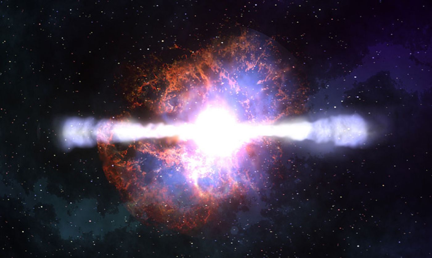 A computer-generated image showing a gamma ray burst as a black hole forms.