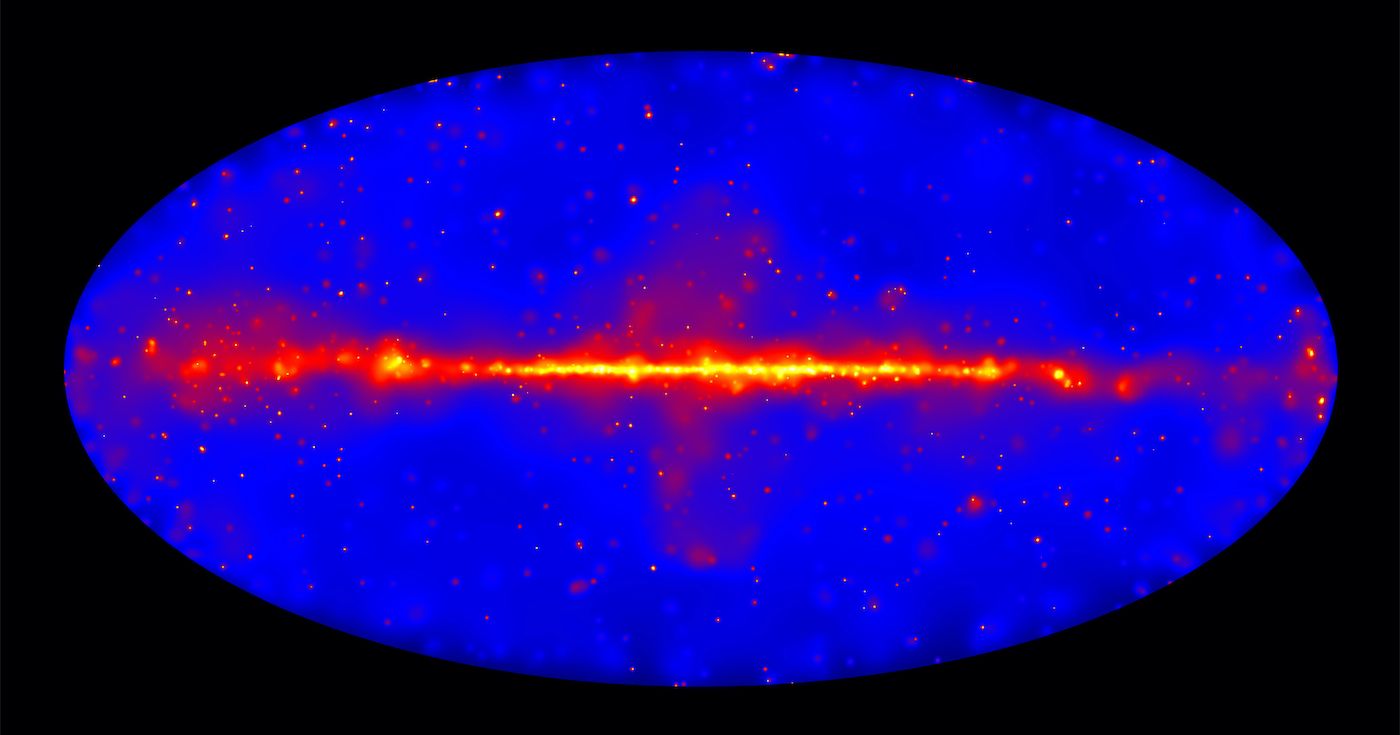 This image shows how the entire sky appears in gamma-ray light at energies between 50 billion (GeV) and 2 trillion electron volts (TeV).  Credit: NASA/DOE/Fermi LAT Collaboration