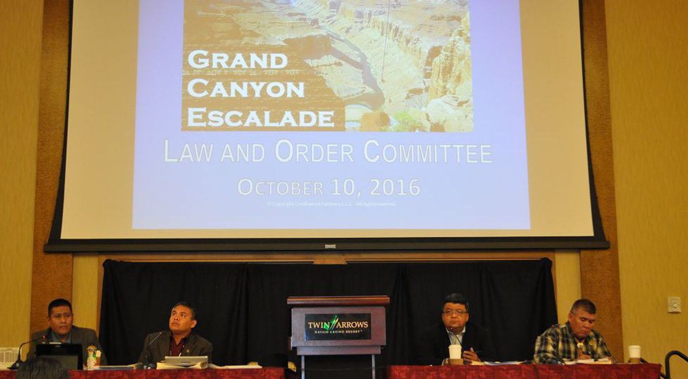 Navajo Nation council delegates listen to a presentation about the Grand Canyon Escalade. Photo: Emery Cowan