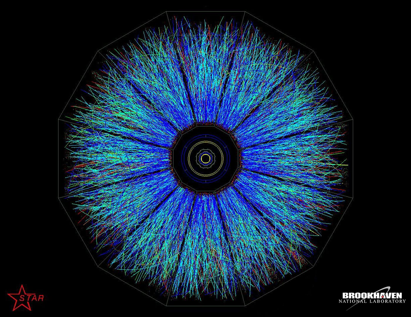 "...full-energy collisions between gold ions at Brookhaven's... RHIC, as captured by the... STAR detector."