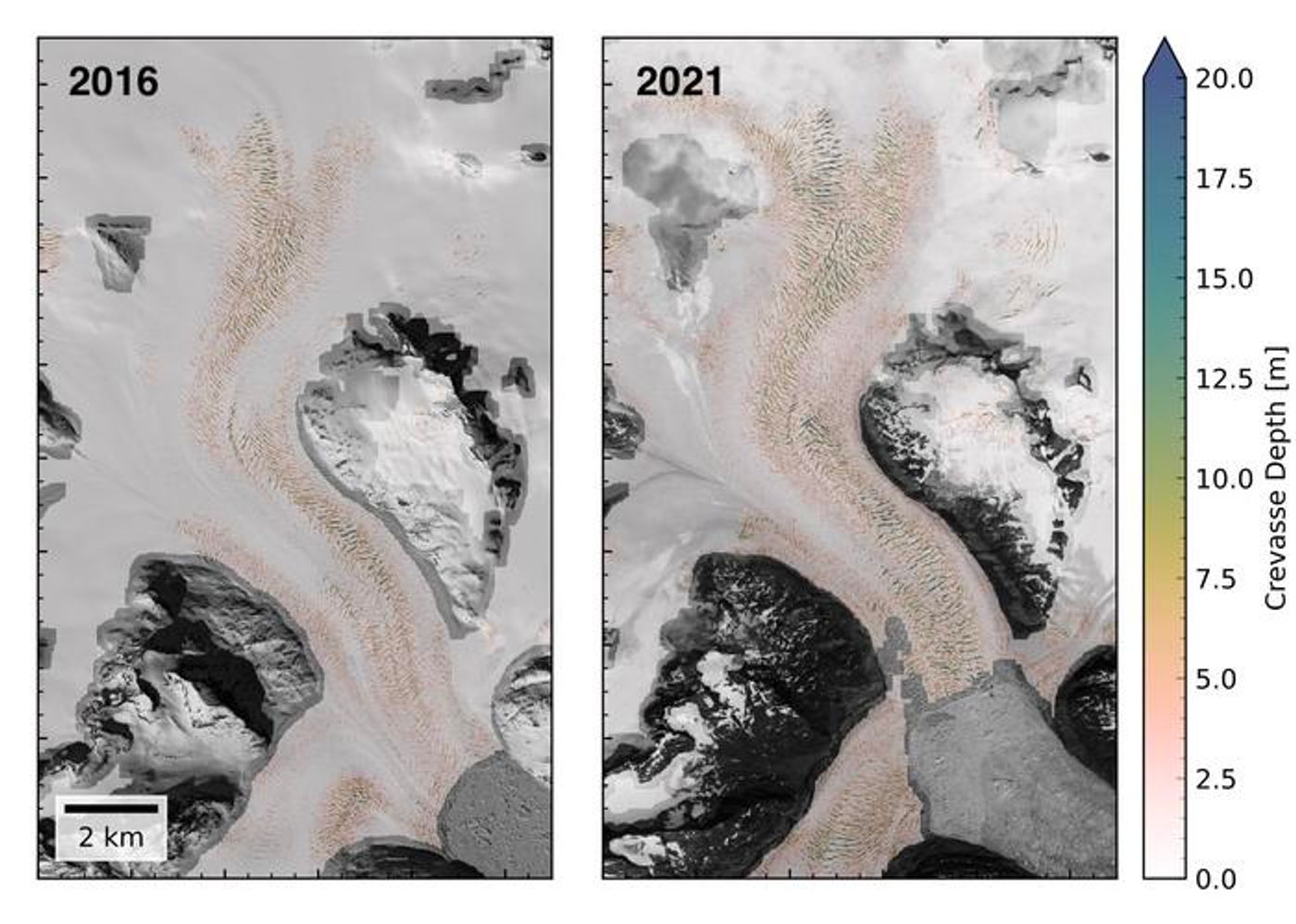 Using the newly developed method, researchers extracted crevasses from digital elevation models of the ice sheet surface. The maps show how crevasse changed between 2016 and 2021 over glaciers at the head of Anorituup Kangerlua fjord, Greenland. / Credit: Tom Chudley (Durham University)