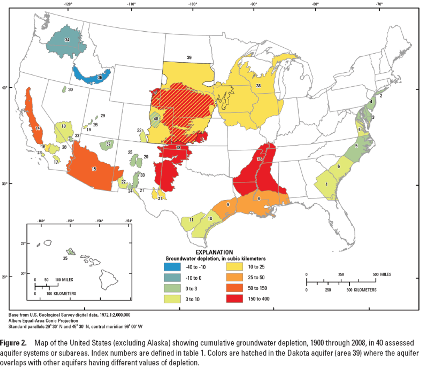 Groundwater depletion in cubic kilometers in the US. Photo: USGS