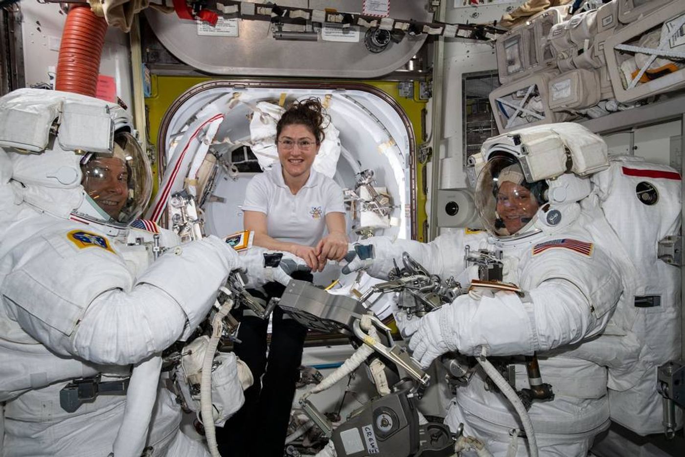 The NASA astronauts test the fit of their space suits ahead of the most recent spacewalk.