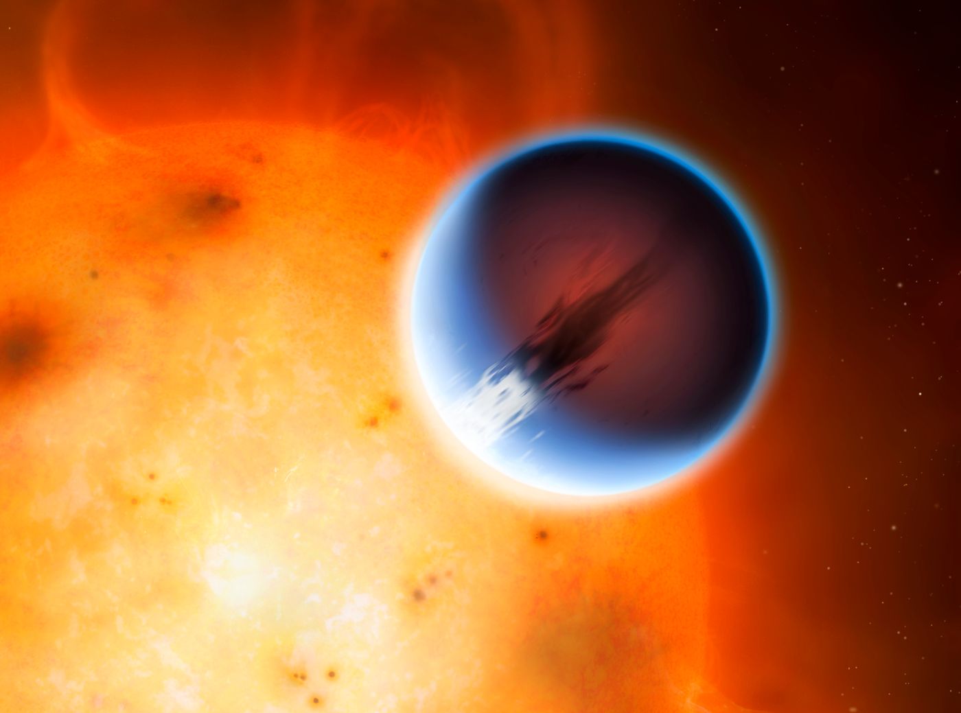 An artist's impression of HD 189733b orbiting its host star.