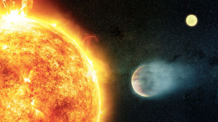 An artist's rendition of a gas giant planet (right) closely orbiting its host star (left) with a companion star in the distance (upper right). Credit: NASA/CXC/M. Weiss.