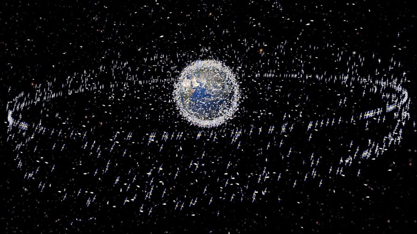 An artist's rendition of the space junk orbiting the Earth right now.