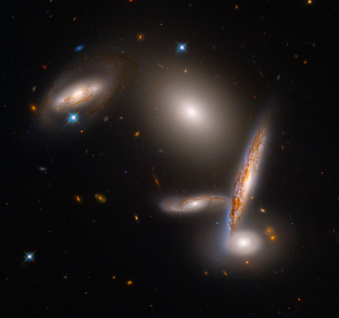 April 19, 2022: NASA celebrated the Hubble Space Telescope's 32nd birthday with a stunning look at an unusual close-knit collection of five galaxies, called The Hickson Compact Group 40. (Credit: NASA, ESA, STScI; Image Processing: Alyssa Pagan (STScI))