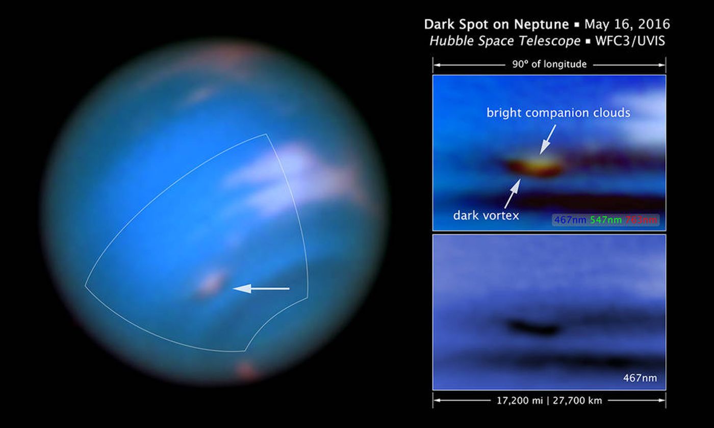 A newly-discovered dark spot has appeared in Neptune's atmosphere for 21st century observation equipment to look at.