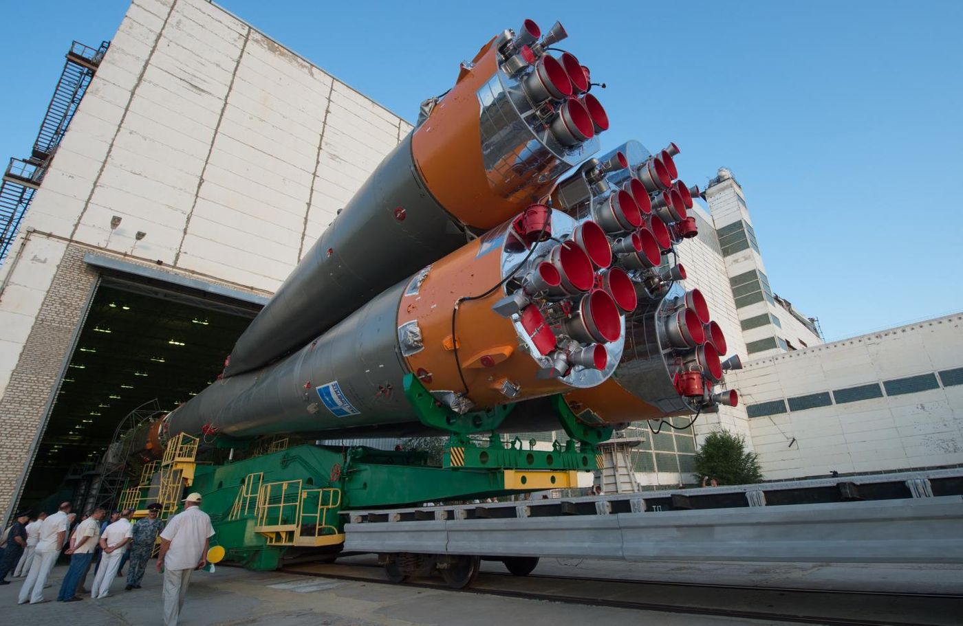 An image showing the Russian Soyuz rocket as it departs its hangar.