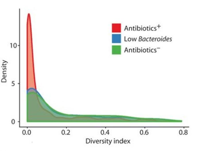 Diversity of strains distribution within each species is shown for all genomic samples, with lowest diversity in children who received antibiotics (red), children with low Bacteroides (blue), and children who received no antibiotics (green). Image: Science Translational Medicine/Yassour et al