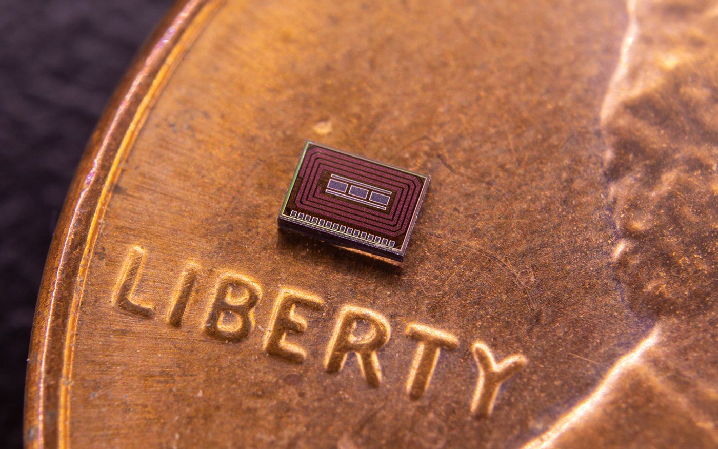 chip size in comparison to a penny, credit: David Baillot/UC San Diego Jacobs School of Engineering