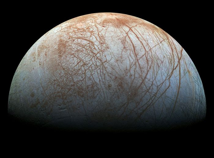 Europa, one of Jupiter's many moons, is pictured above.