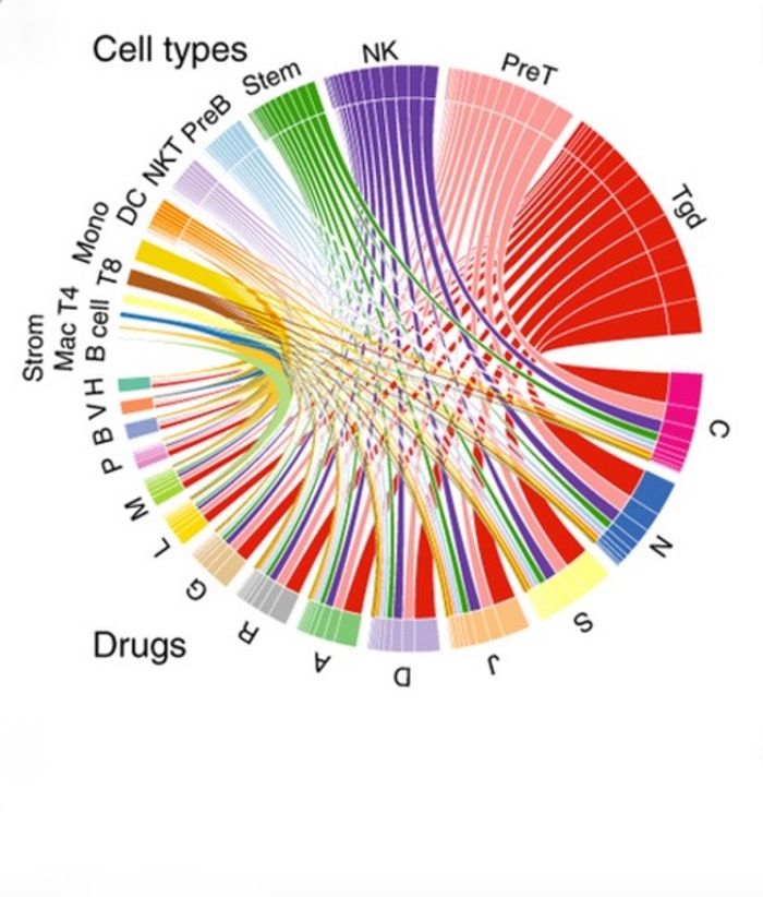 A visual representation of the interactions between classes of drugs (represented by letters along the bottom half of the circle) and responses in immune cells. This map really underscores how complex the drug-immune system interactome really is. For full explanation, see figure 3A in Kidd 2016, Nature Biotech.