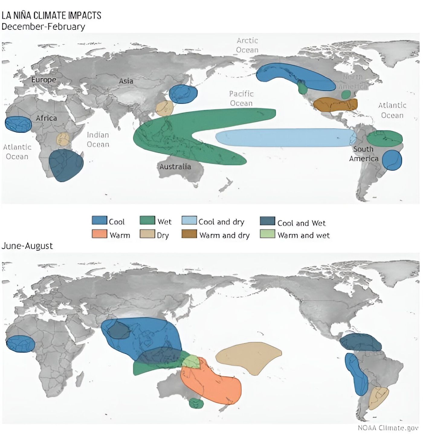 This map shows the potential (but not definite) effects of La Nina / Credit: NOAA / Climate.gov