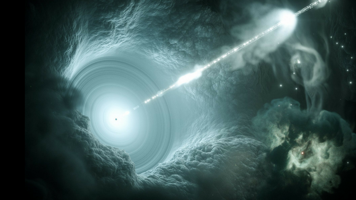 An artistic rendition of a blazar firing beams of neutrinos and cosmic rays (DESY/Science Communication Lab)
