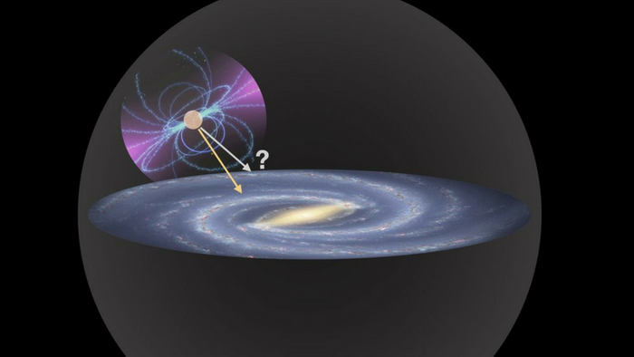 Schematic image of a pulsar, falling in the gravitational field of a Milky Way-like galaxy (Norbert Wex/R. Hurt/JPL/NASA)