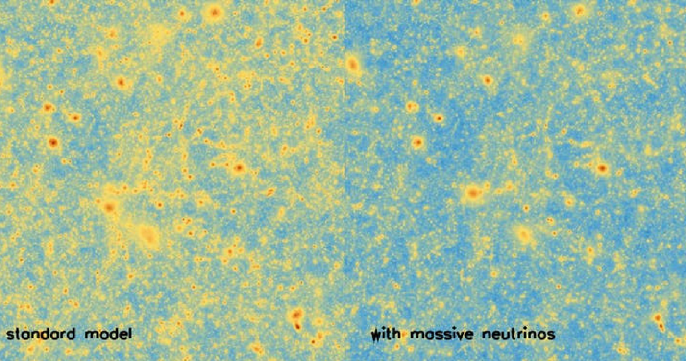 Cosmic structural formation under standard model vs BAHAMAS's model that includes neutrinos Credit: The Conversation/Ian G. McCarthy