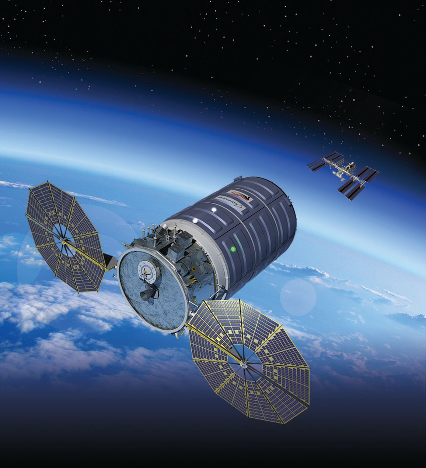 An artist's rendition of the spacecraft resupplying the International Space Station.