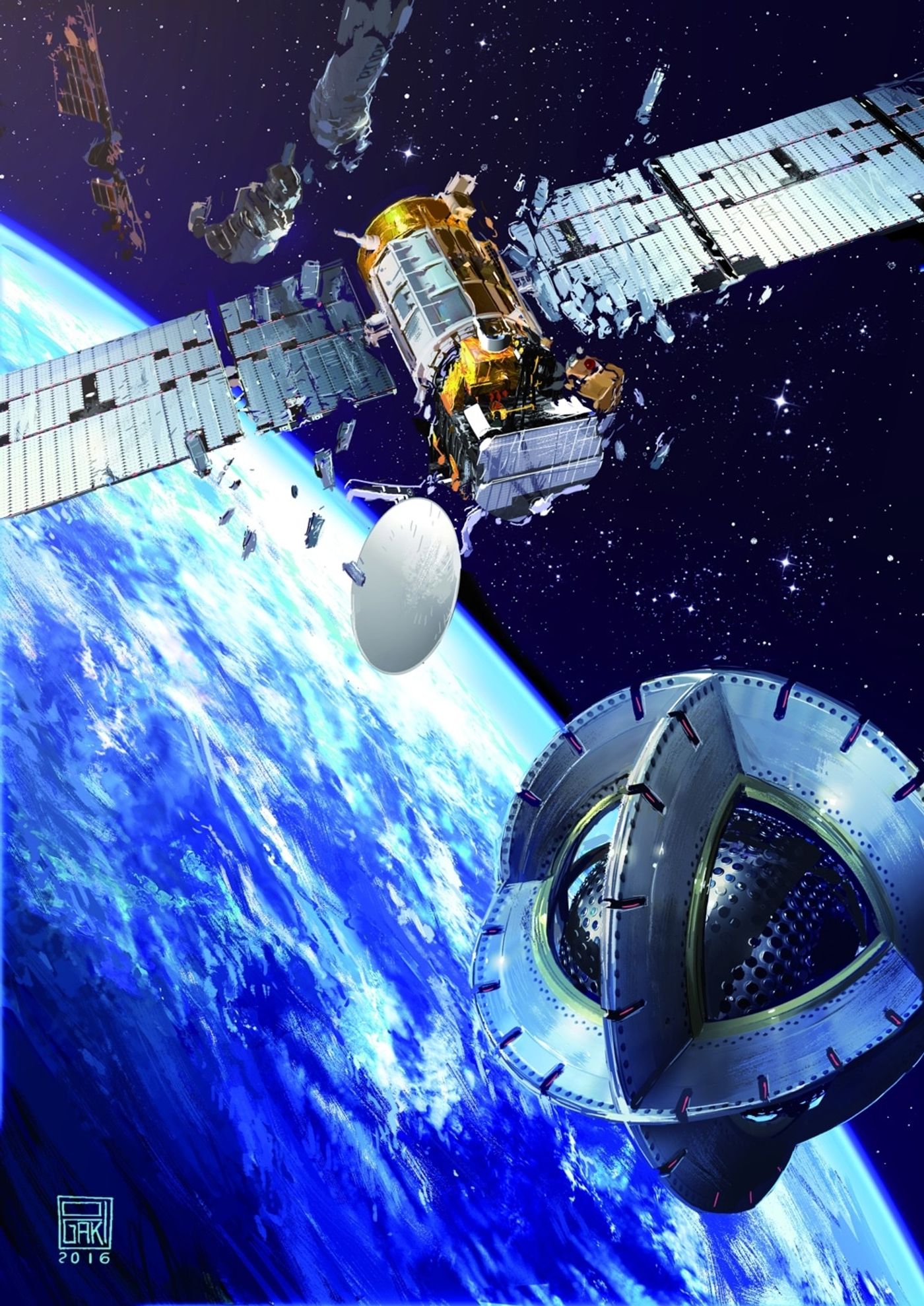 An artist's impression of a magnetic space tug as it approaches an inactive satellite orbiting Earth.