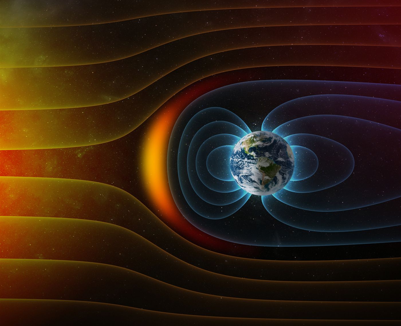 Earth's magnetic field shields the planet from solar wind emanated by the Sun.