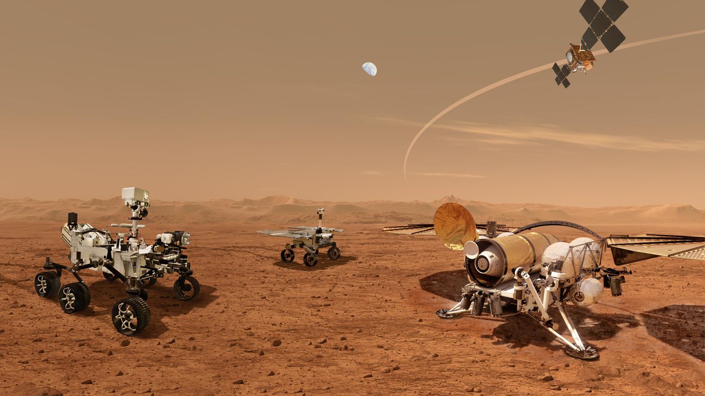 A rendering of what a Martian sample retrieval team might look like.