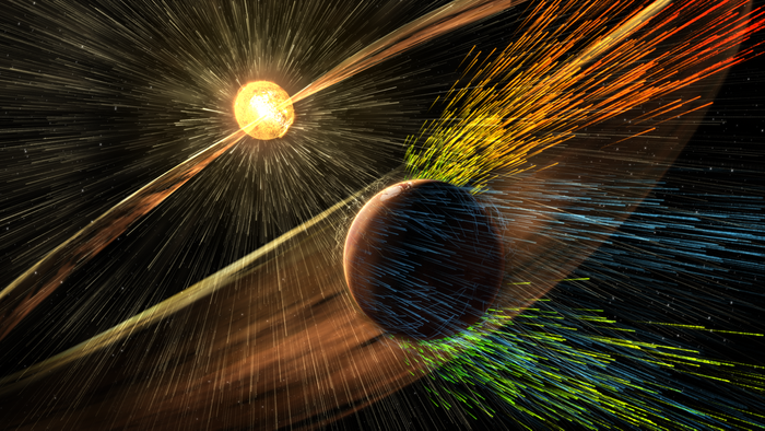An artist's rendition of the Sun stripping away Mars' atmosphere.