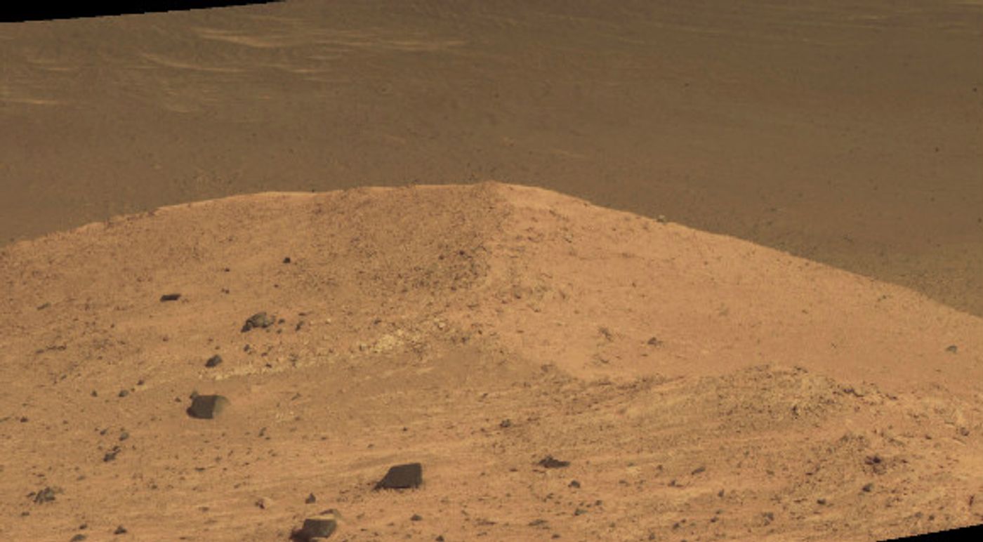 An image of of floor of the Endeavour Crater that the Opportunity Rover will seek to explore.