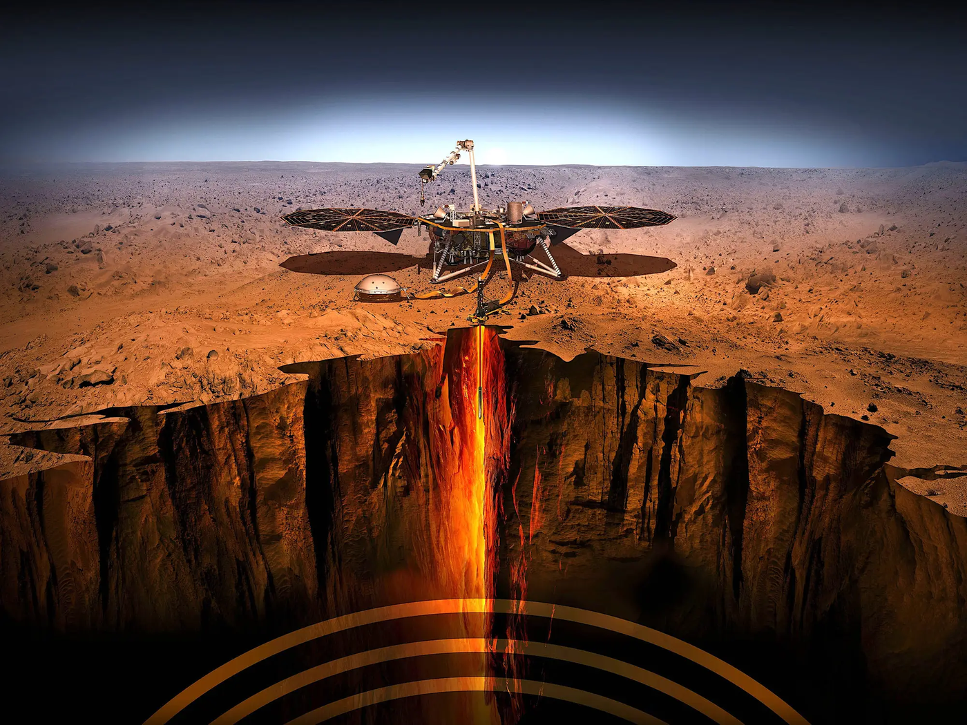 Artist's representation of NASA's InSight mission on the surface of Mars detecting 