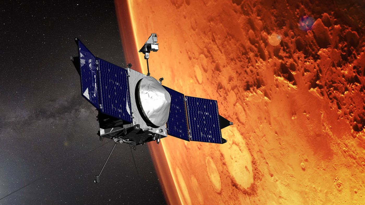 An artist's conception of NASA's MAVEN spacecraft orbiting Mars. Credit: NASA's Goddard Space Flight Center.