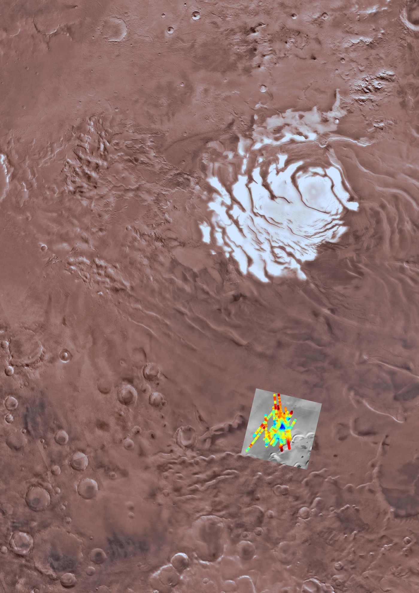 Here we see the potential liquid water stores underneath Mars' polar ice caps.