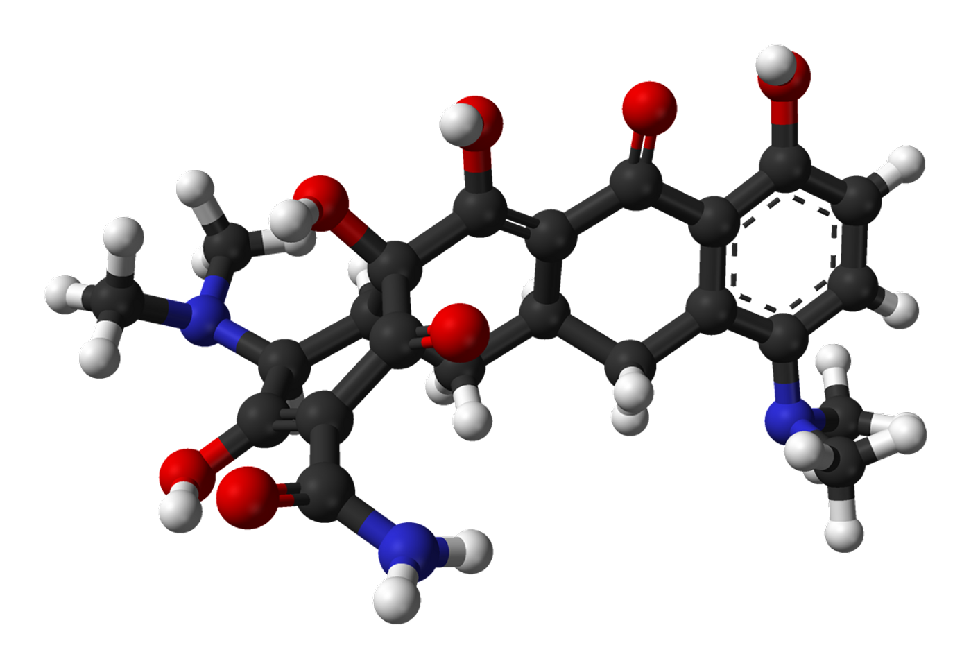 Ball-and-stick model of the minocycline molecule, C23H27N3O7. 