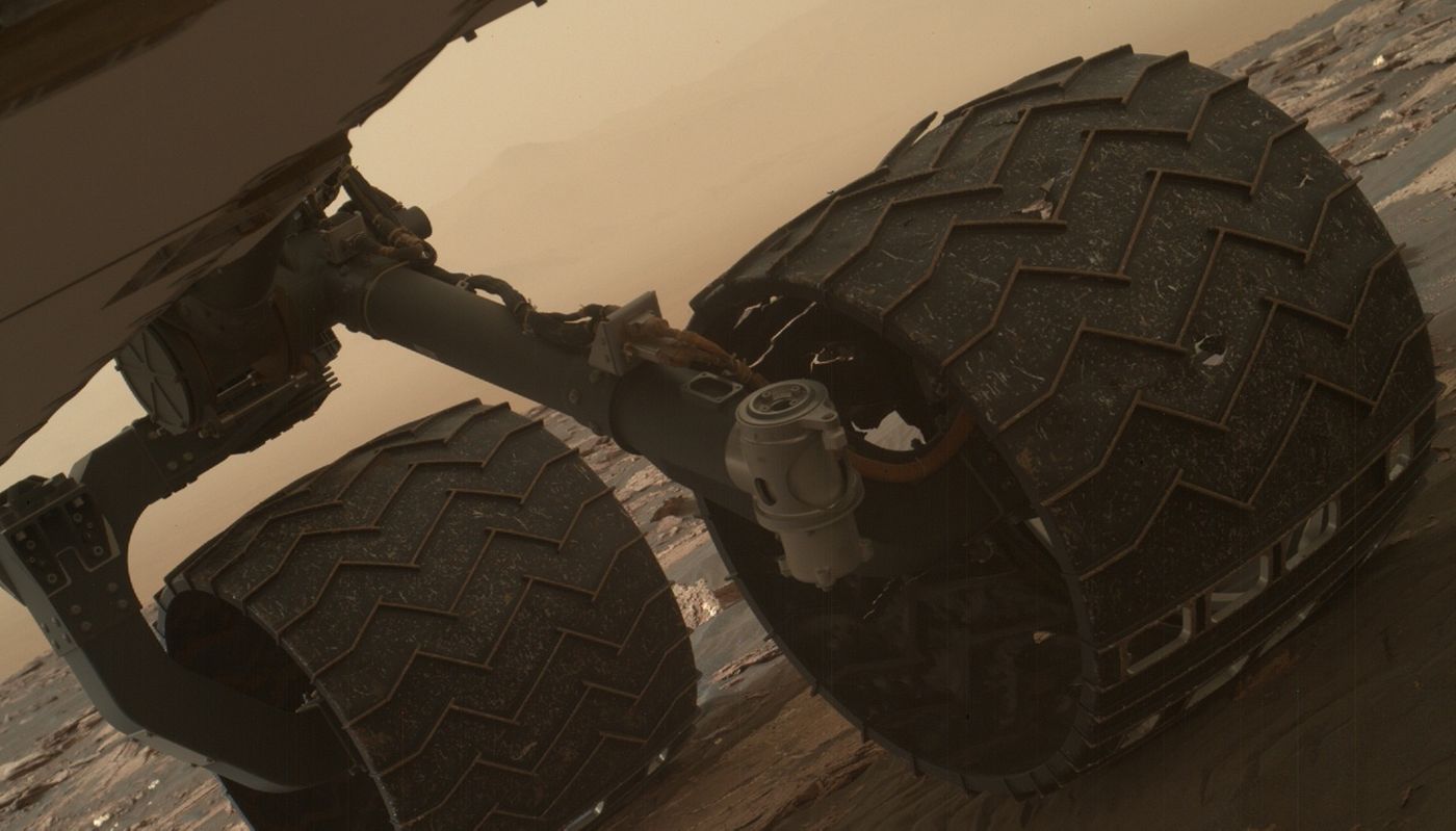 The tread (or growsers, as NASA calls them) is beginning to break on Curiosity's wheels.