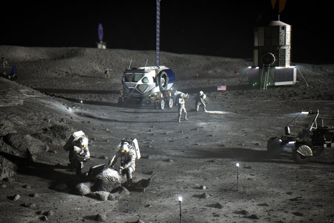 Artist's illustration of Artemis astronauts on the Moon. (Credit: NASA)