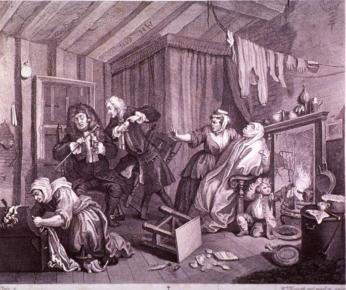 Scene from "A Harlot's Progress" by William Hogarth (1697-1764). Public Domain via the National Library of Medicine Digital Collections.