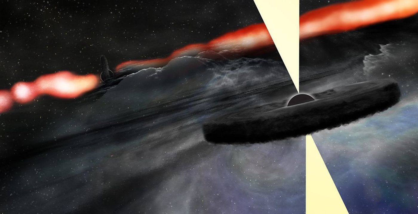 An artist's impression of a supermassive black hole orbiting the even larger supermassive black hole at the center of the Cygnus A galaxy