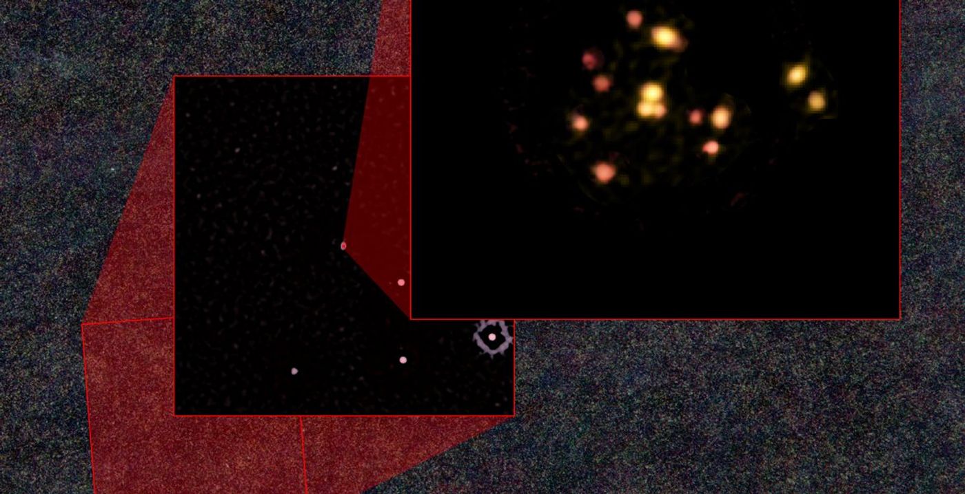 A blown-up view of the 14 smaller galaxies as they inch closer toward the formation of a massive galaxy cluster at the edge of the observable universe.