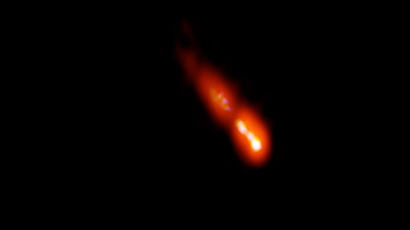 VLBA image of the blazar PSO J0309+27, 12.8 billion light-years from Earth. / Credit: Spingola et al.; Bill Saxton, NRAO/AUI/NSF.