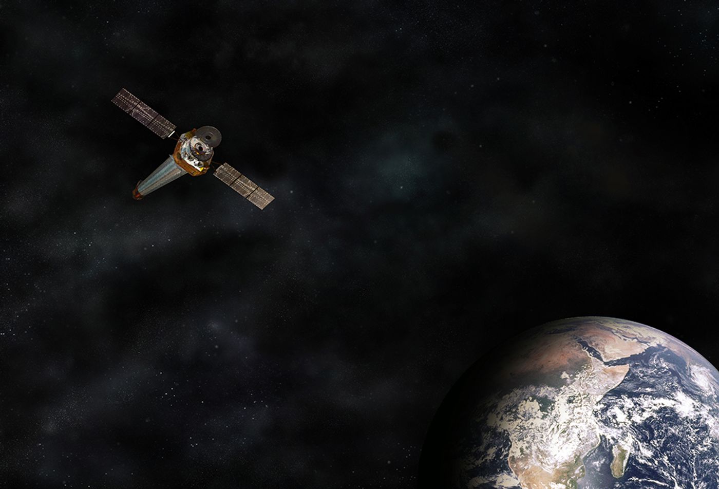An artist's rendition depicting the Chandra X-ray Observatory orbiting the Earth.