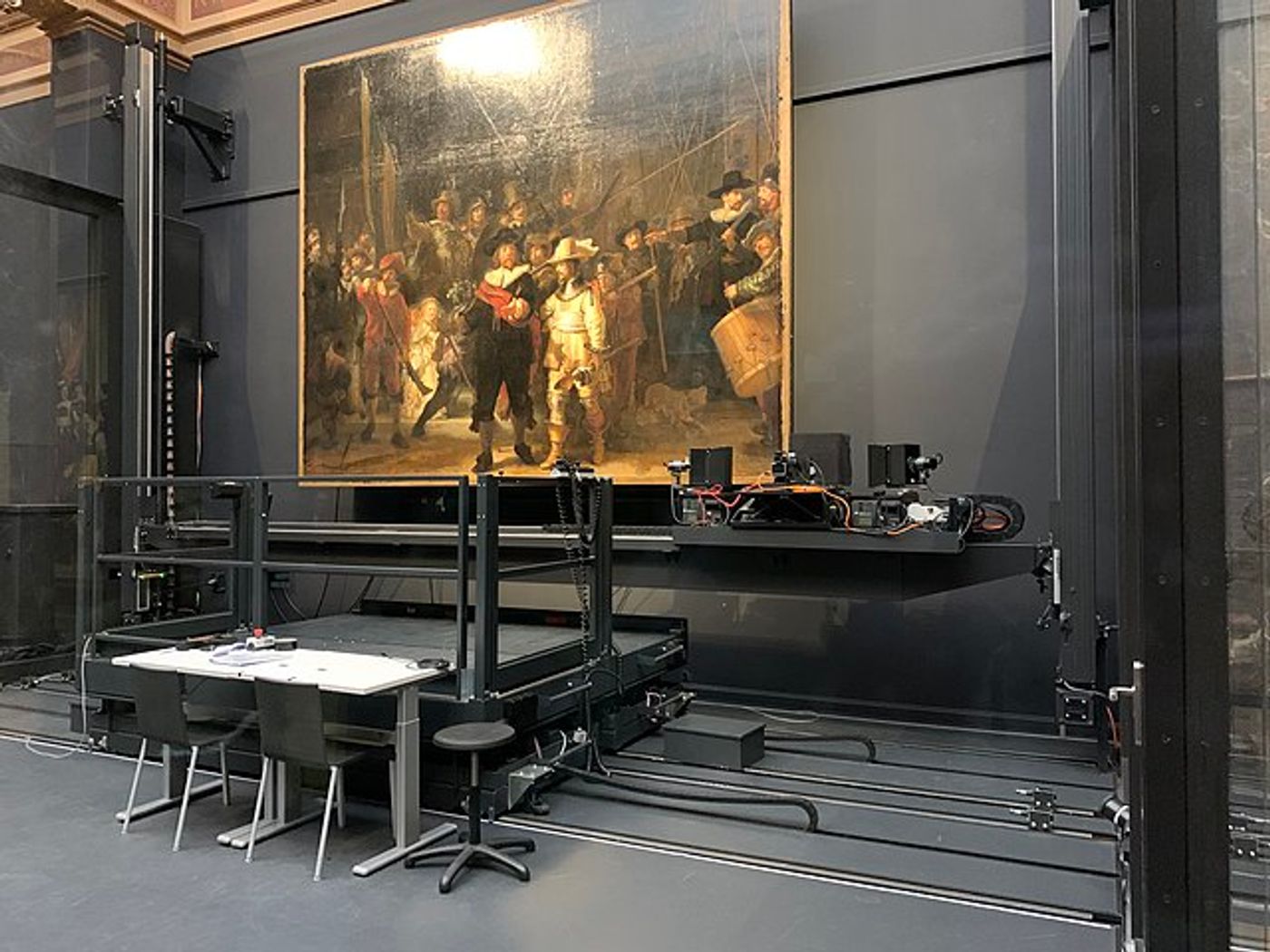 Rembrandt's The Night Watch being scanned in 2019 as part of the Operation Night Watch project. Photographer credit: Alf van Beem