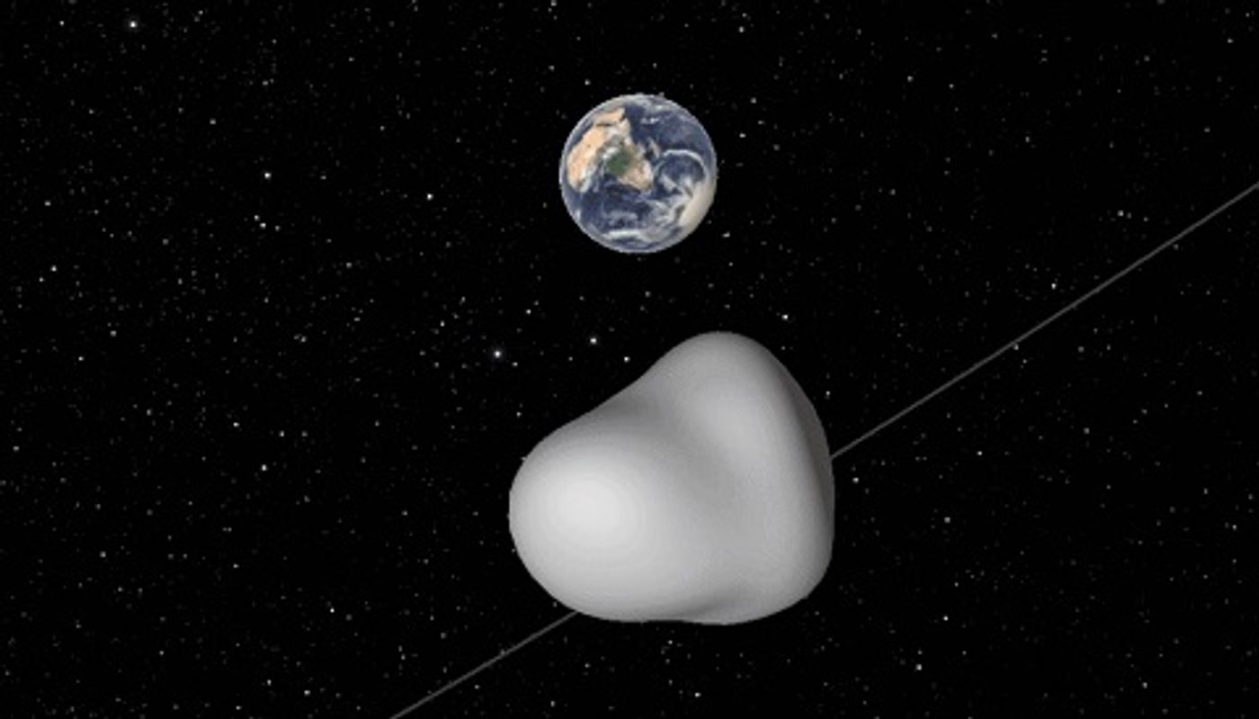 An illustration of the odd-shaped asteroid 2012 TC4, which will pass within 31,180 miles of Earth's surface this week.