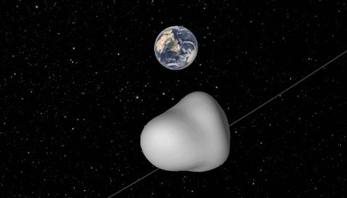 An illustration of the odd-shaped asteroid 2012 TC4, which will pass within 31,180 miles of Earth's surface this week.