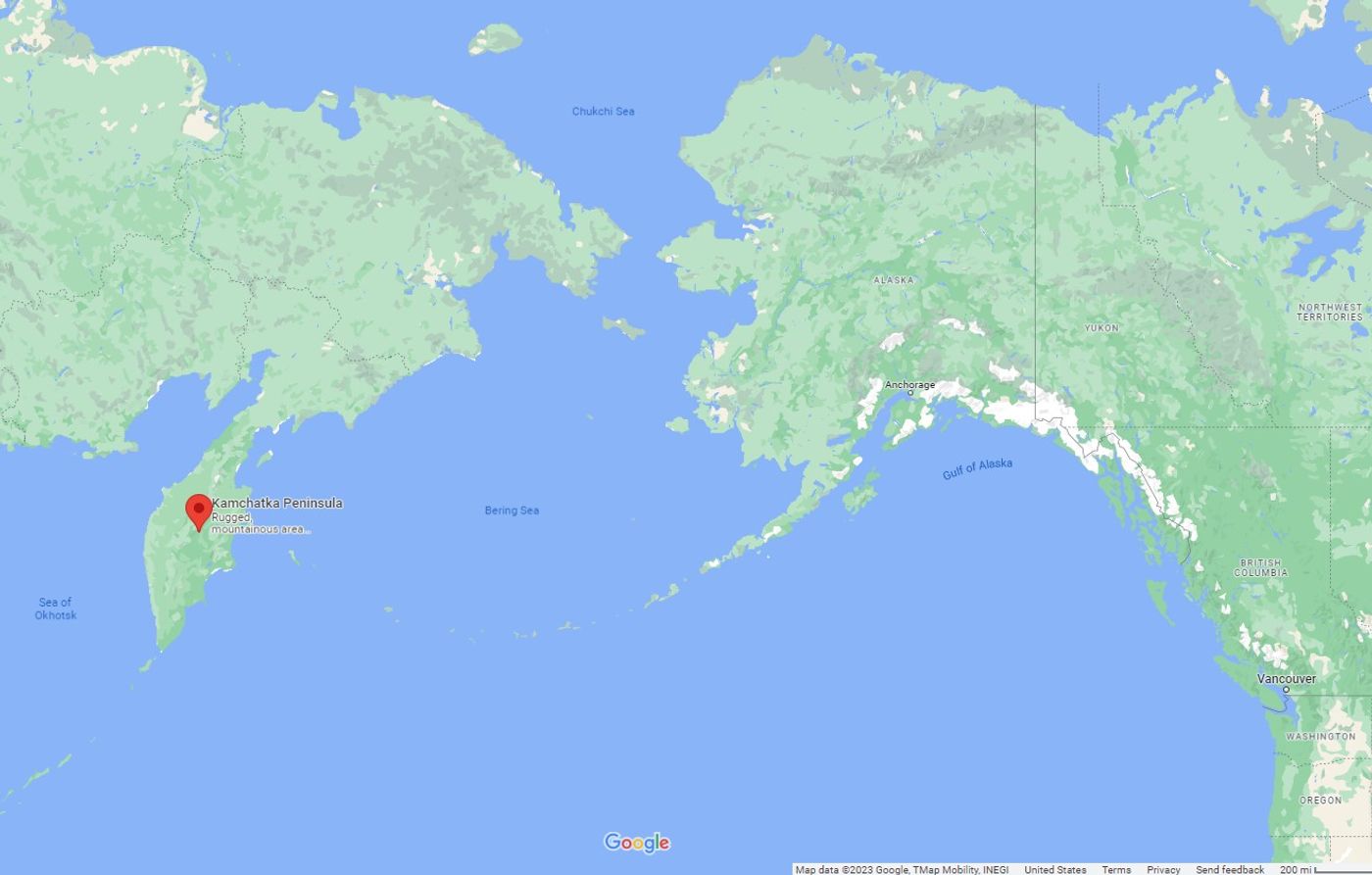 Map where the marked spot highlights the Kamchatka Peninsula. Map data copyright 2023, Google