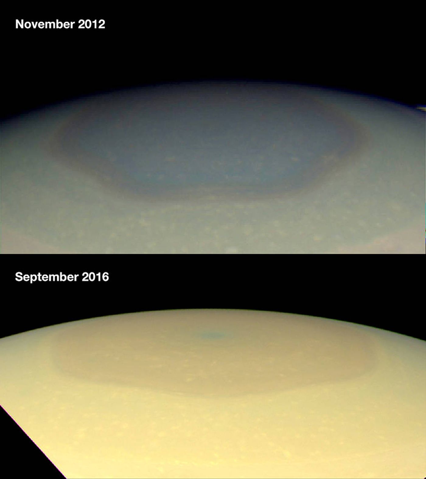 Differences in the hexagon at Saturn's North Pole between 2012 and 2016.