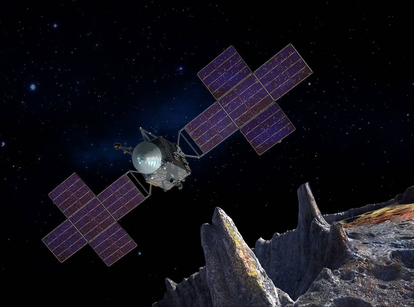 An artist's impression of Psyche and the spacecraft that will visit it.