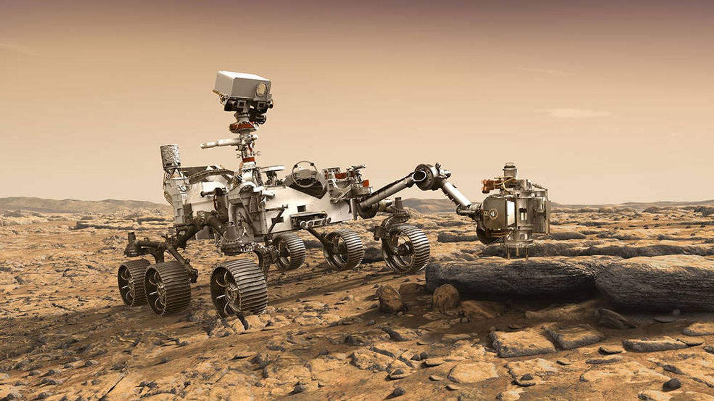 An artist's rendition of the Mars 2020 rover on Mars, as it samples a rock on the planet's surface.