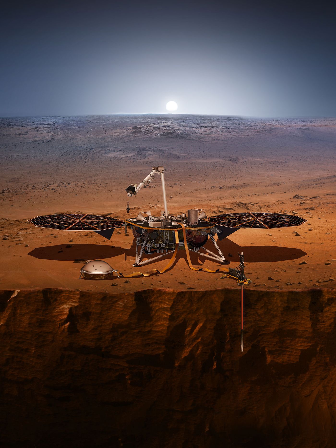 An artist's rendition of the InSight probe after deploying on Mars.