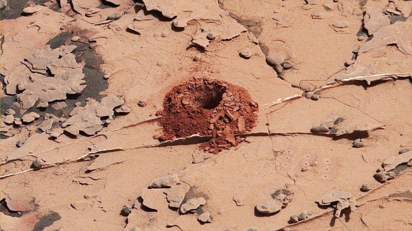 NASA shared this image of Curiosity's latest drilling attempt using the new drilling technique.