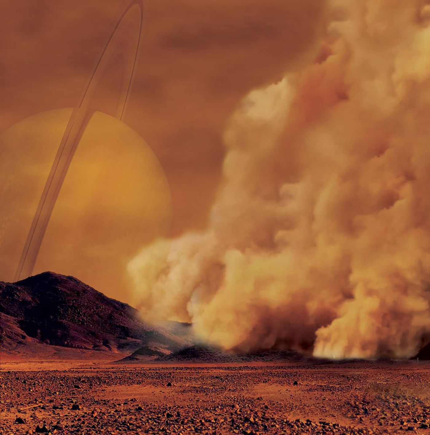 An artist's impression of an atmospheric dust storm occurring on Saturn's moon Titan.