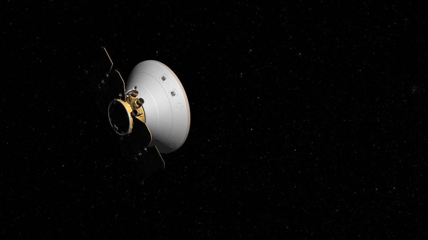 An artist's impression of the InSight spacecraft as it moves through space.