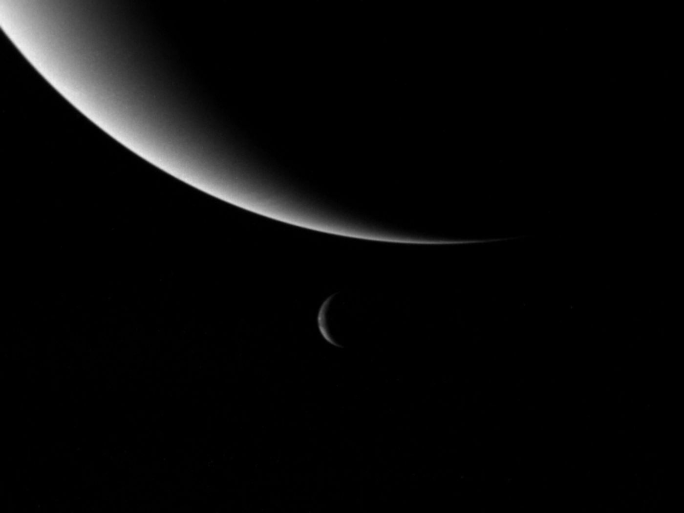 Neptune (top) and Triton (bottom), three days after the Voyager 2 flyby in 1989. (Image Credit: NASA JPL)